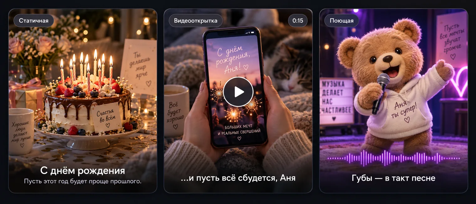 Три формата открытки: статичная картинка с подписью, видеооткрытка на 15 секунд и поющий аватар — последние два собирает нейросеть