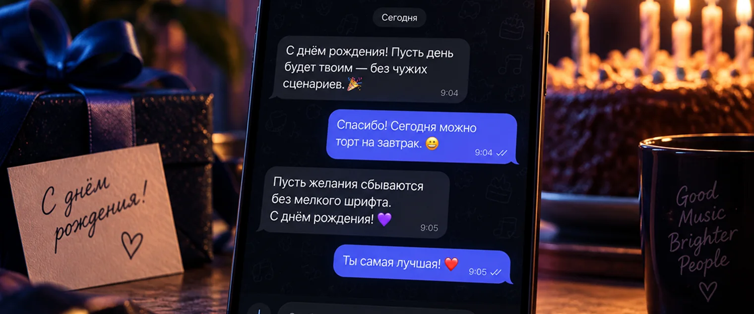 Так короткое поздравление выглядит в чате: одна мысль, без открытки