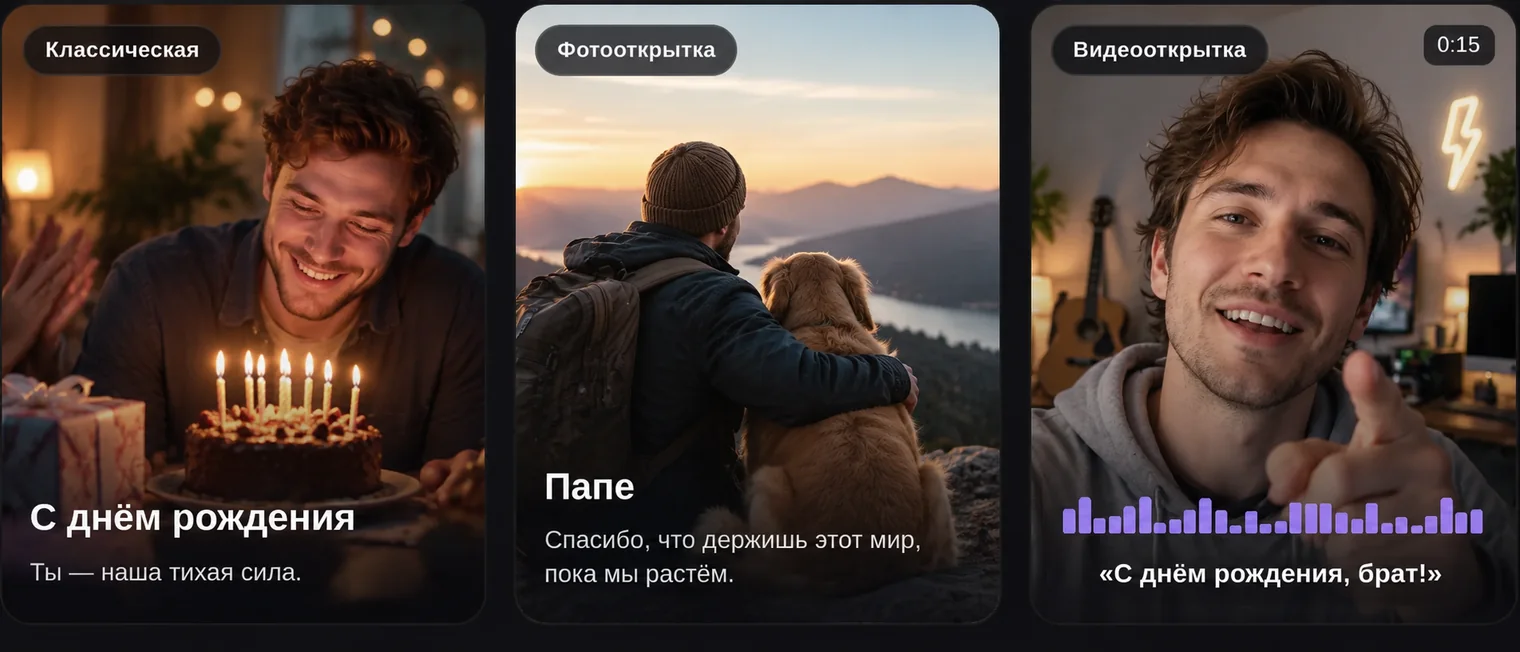 Три формата: классическая картинка с подписью, фотооткрытка и видеооткрытка с поющим аватаром