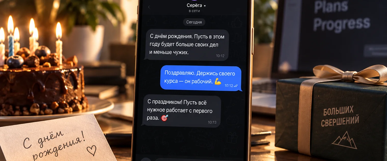 Так короткое поздравление выглядит в чате: одна мысль, без открытки